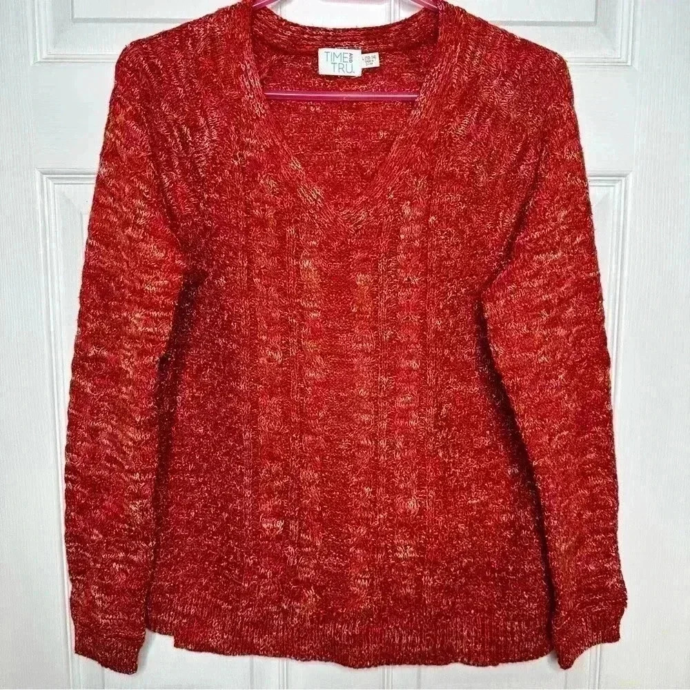Time And Tru Cable Knit Sweater V-Neck Orangeish-Red Size Large